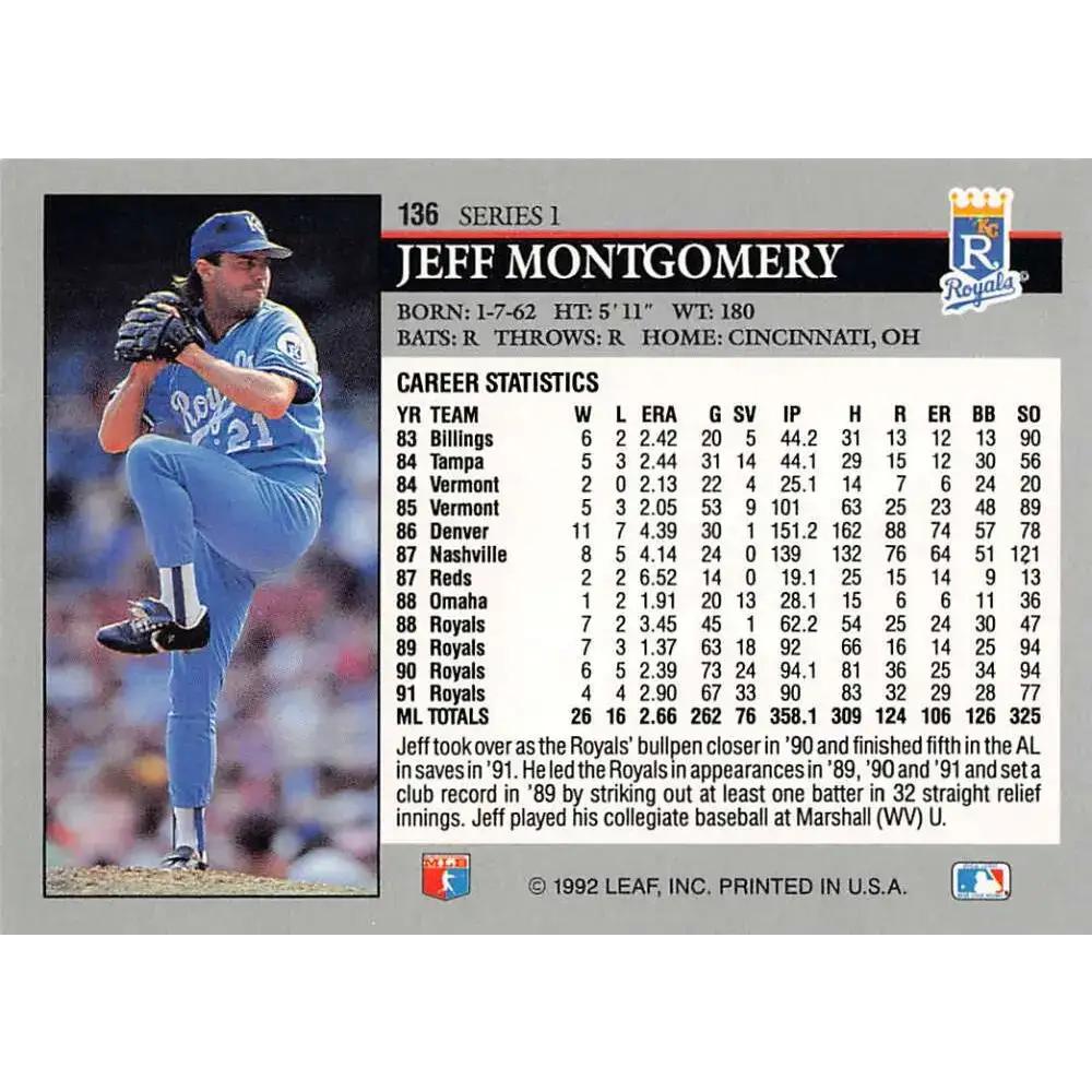 1992 Leaf #136 Jeff Montgomery NM-MT Kansas City Royals Baseball Card - Baseball Card Single