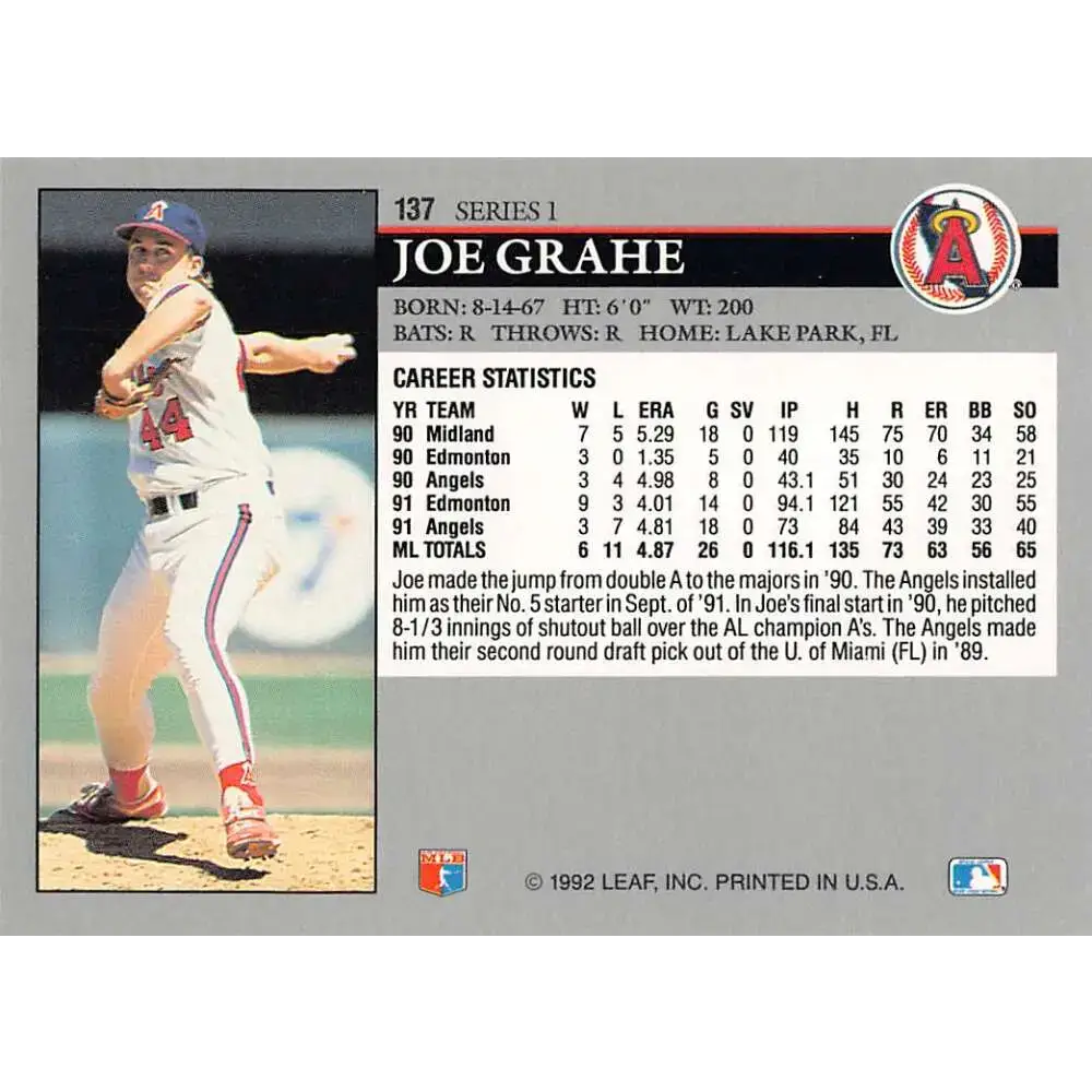1992 Leaf #137 Joe Grahe NM-MT California Angels Baseball Card - Baseball Card Single