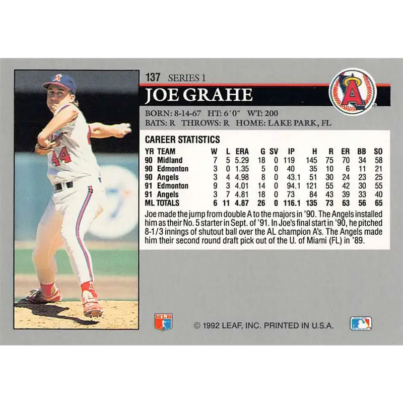 1992 Leaf #137 Joe Grahe NM-MT California Angels Baseball Card - Baseball Card Single