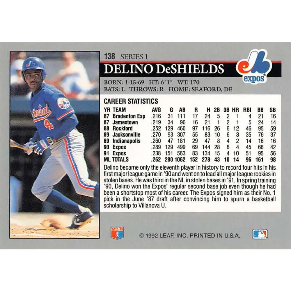 1992 Leaf #138 Delino DeShields NM-MT Montreal Expos Baseball Card - Baseball Card Single