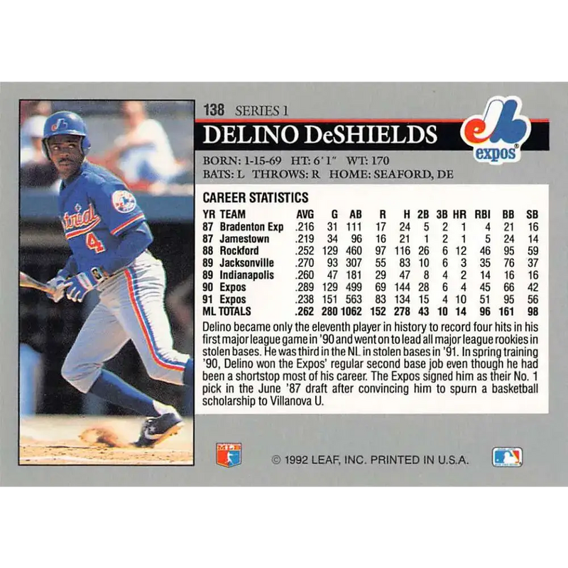 1992 Leaf #138 Delino DeShields NM-MT Montreal Expos Baseball Card - Baseball Card Single