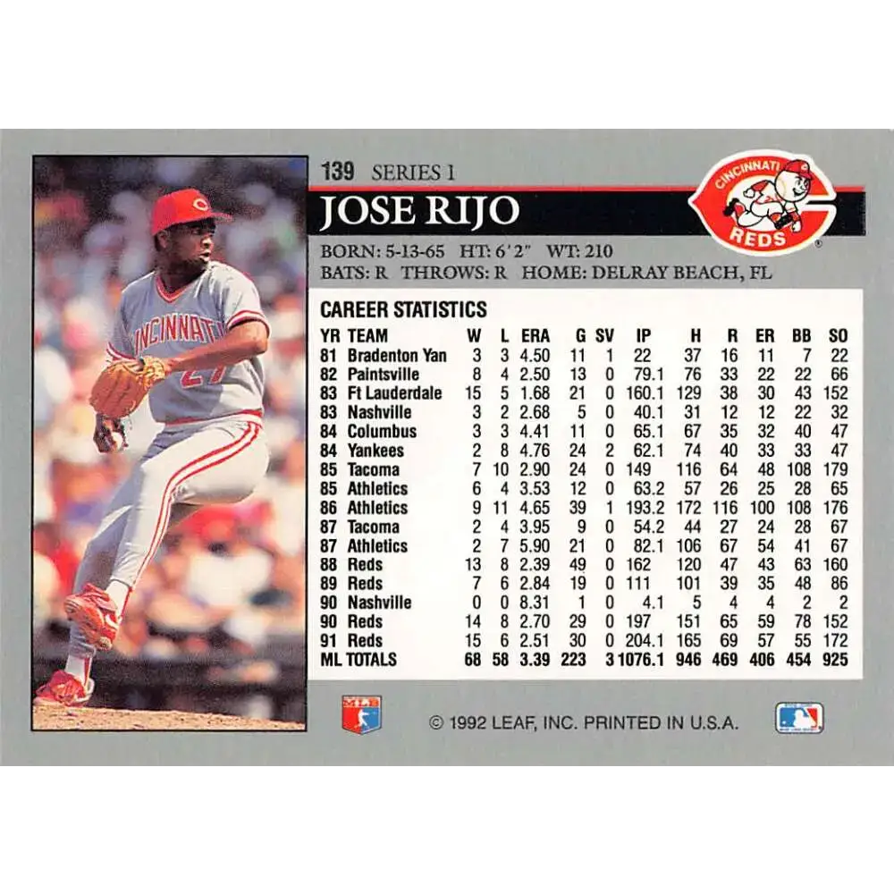 1992 Leaf #139 Jose Rijo NM-MT Cincinnati Reds Baseball Card - Baseball Card Single