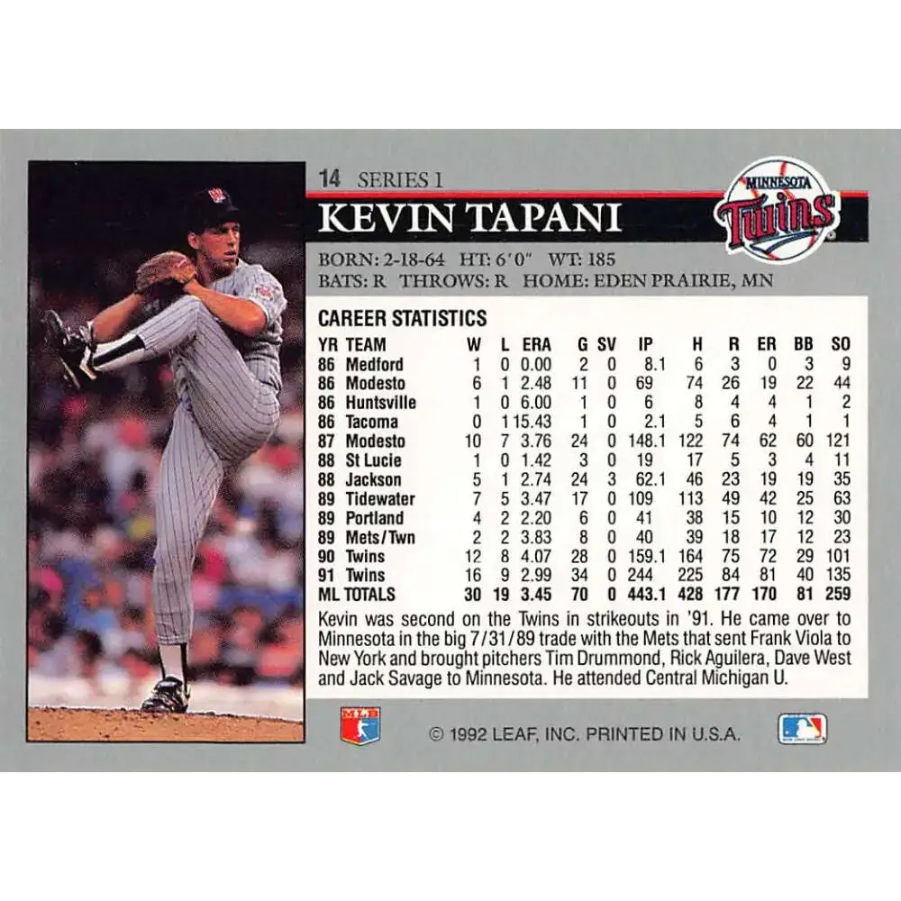 1992 Leaf #14 Kevin Tapani NM-MT Minnesota Twins Baseball Card - Baseball Card Single