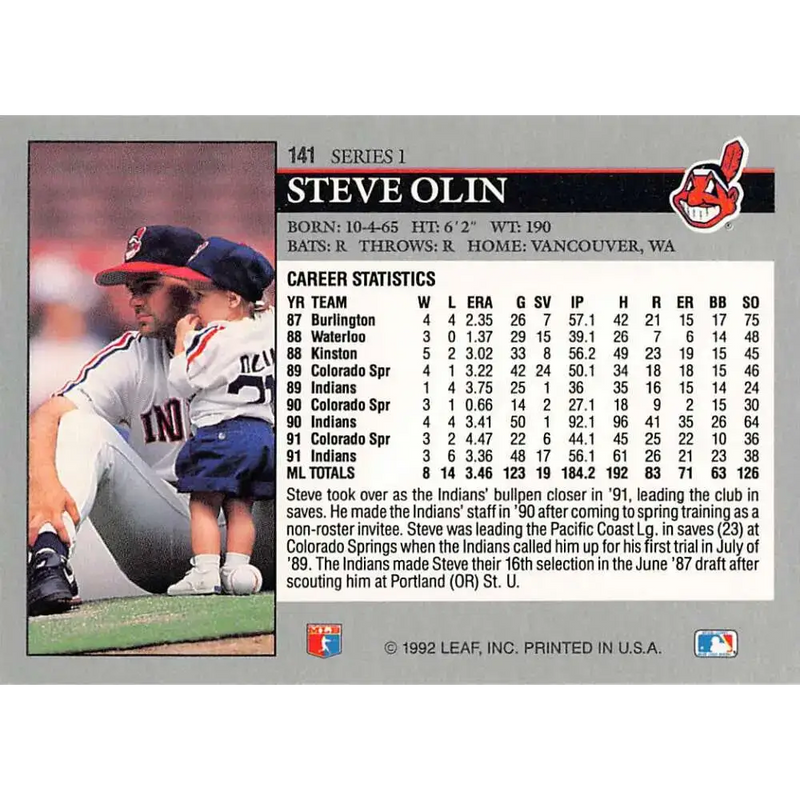 1992 Leaf #141 Steve Olin NM-MT Cleveland Indians Baseball Card - Baseball Card Single