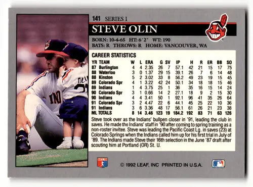 Original gloss 1992 Leaf Steve Olin baseball card featuring Indians ID 60943