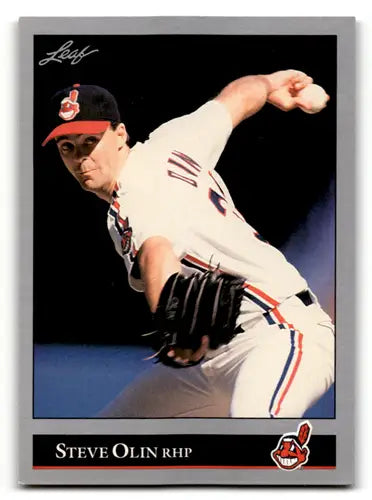 Original gloss Steve Olin baseball card from 1992 Leaf #141 featuring Indians imagery
