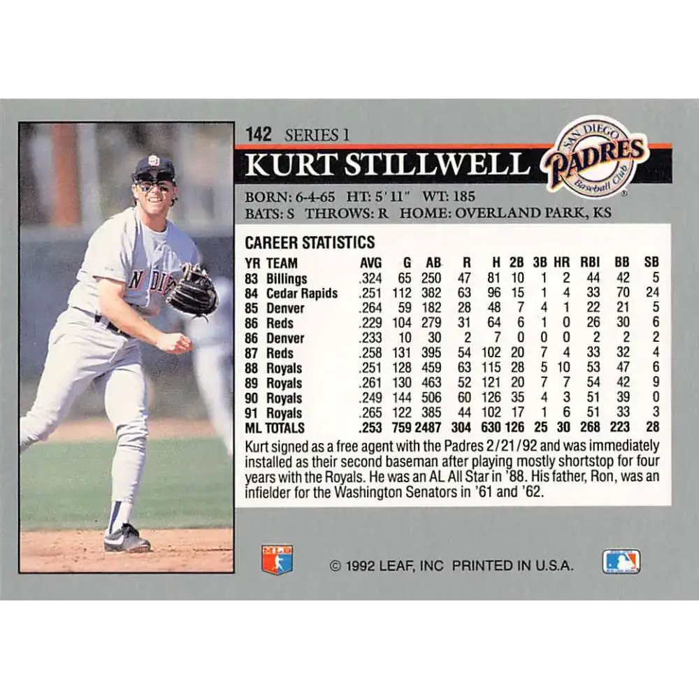 1992 Leaf #142 Kurt Stillwell NM-MT San Diego Padres Baseball Card - Baseball Card Single