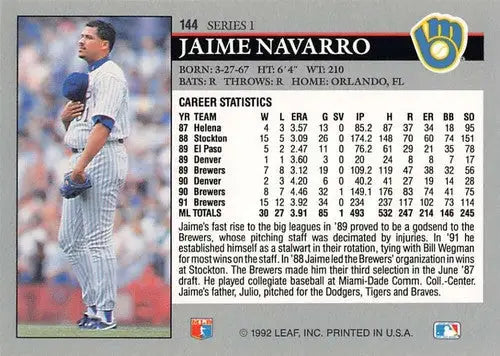 1992 Leaf Jaime Navarro baseball card with original gloss NM-MT Brewers ID 72653