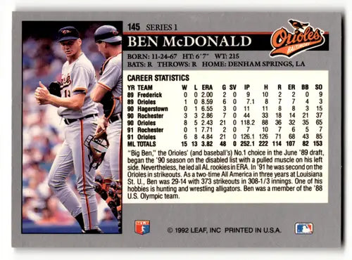 Original gloss Ben McDonald baseball card from 1992 Leaf #145 featuring Orioles player