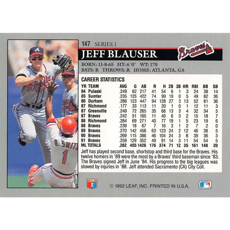 1992 Leaf #147 Jeff Blauser NM-MT Atlanta Braves Baseball Card - Baseball Card Single