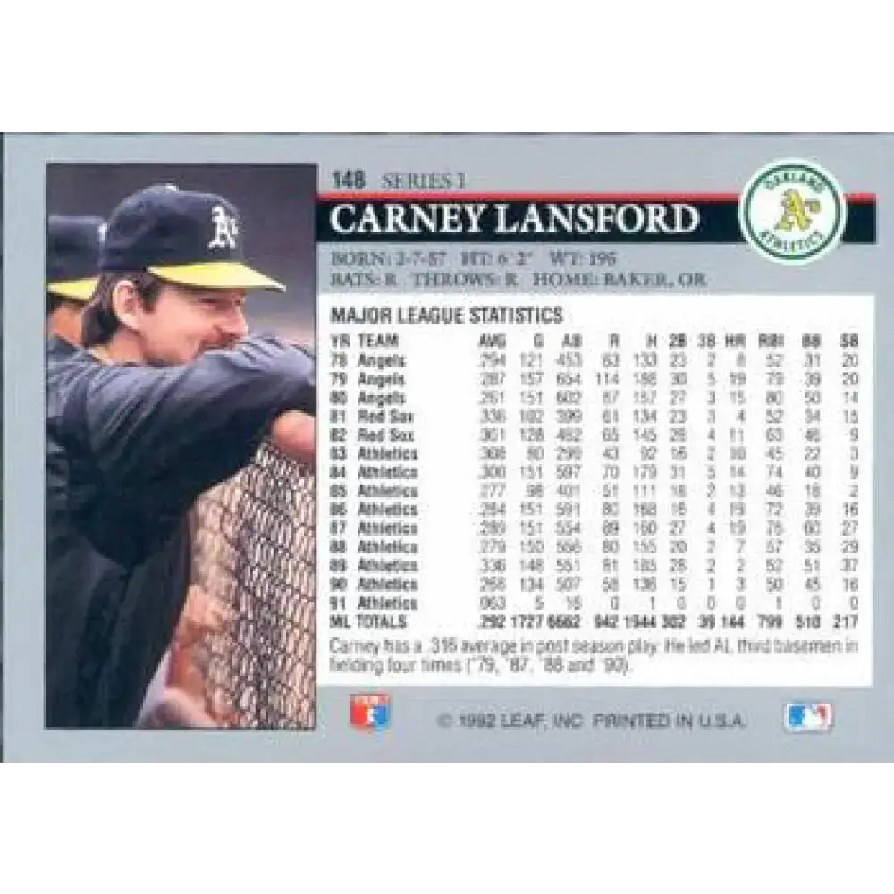 1992 Leaf #148 Carney Lansford NM-MT Oakland Athletics Baseball Card - Baseball Card Single
