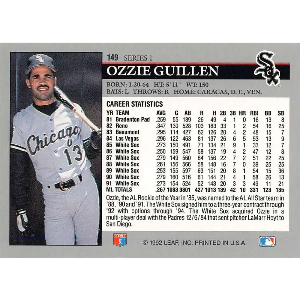 1992 Leaf #149 Ozzie Guillen NM-MT Chicago White Sox Baseball Card - Baseball Card Single