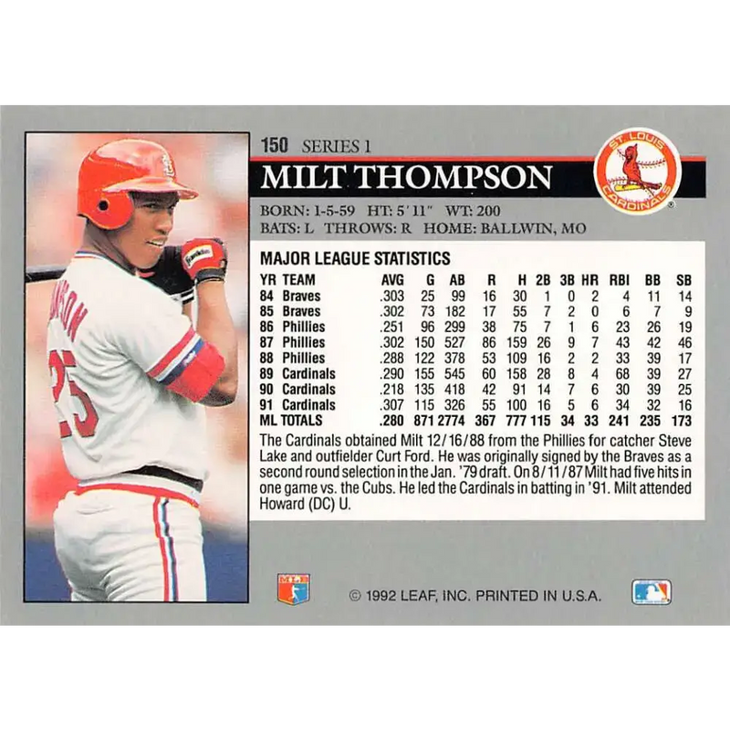 1992 Leaf #150 Milt Thompson NM-MT St. Louis Cardinals Baseball Card - Baseball Card Single