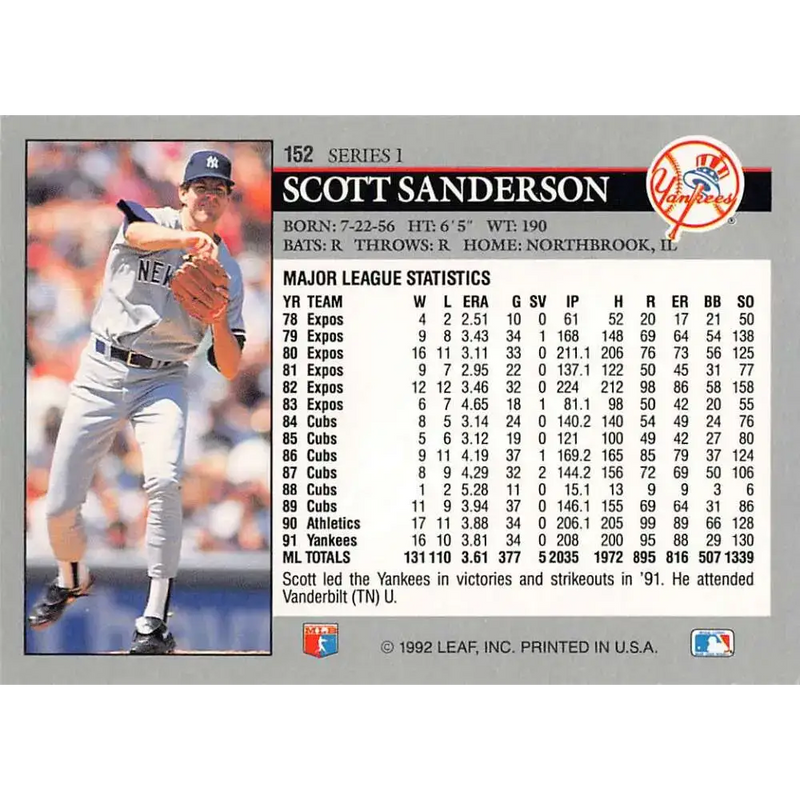 1992 Leaf #152 Scott Sanderson NM-MT New York Yankees Baseball Card - Baseball Card Single