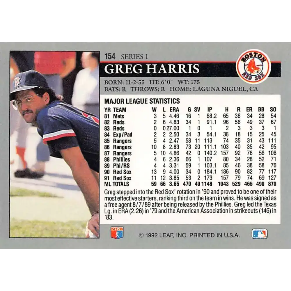 1992 Leaf #154 Greg Harris NM-MT Boston Red Sox Baseball Card - Baseball Card Single