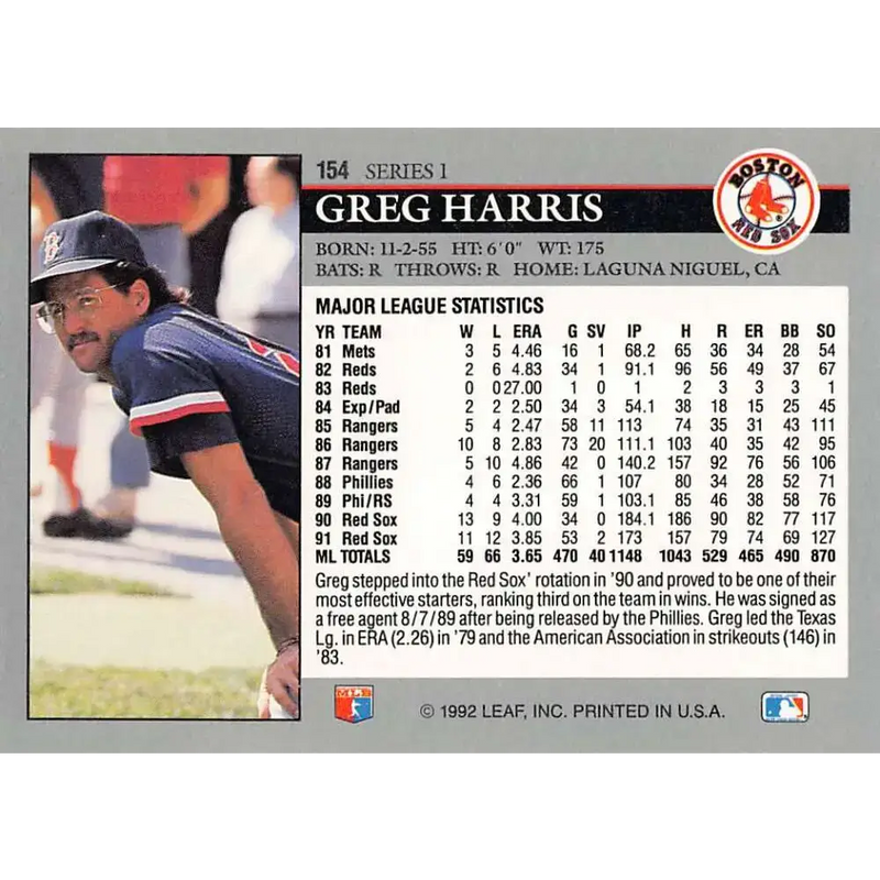 1992 Leaf #154 Greg Harris NM-MT Boston Red Sox Baseball Card - Baseball Card Single