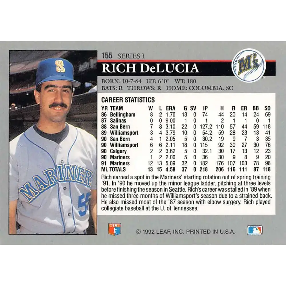 1992 Leaf #155 Rich DeLucia NM-MT Seattle Mariners Baseball Card - Baseball Card Single