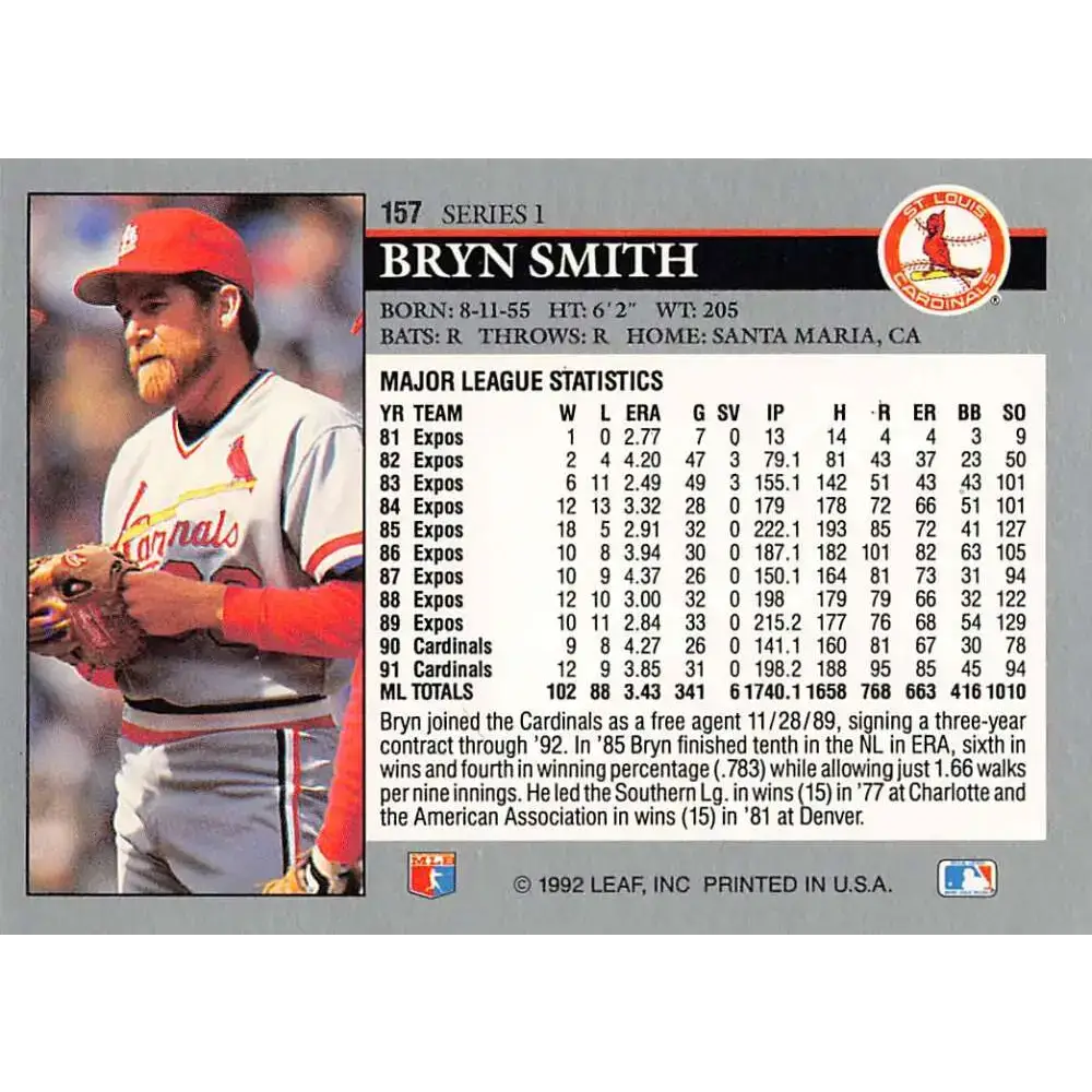 1992 Leaf #157 Bryn Smith NM-MT St. Louis Cardinals Baseball Card - Baseball Card Single