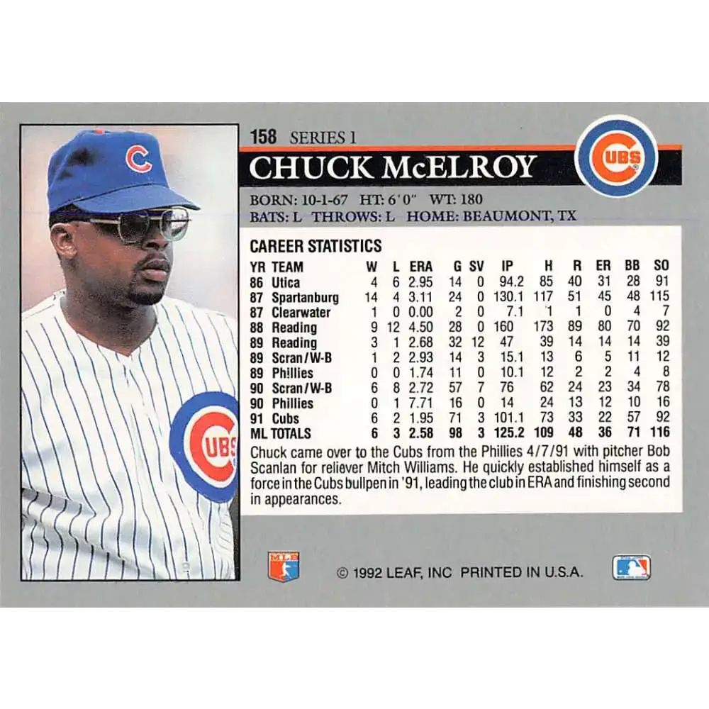 1992 Leaf #158 Chuck McElroy NM-MT Chicago Cubs Baseball Card - Baseball Card Single