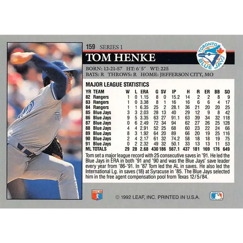 1992 Leaf #159 Tom Henke NM-MT Toronto Blue Jays Baseball Card - Baseball Card Single