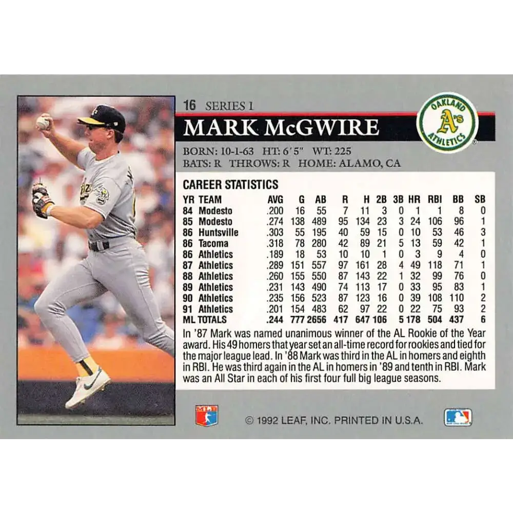 1992 Leaf #16 Mark McGwire NM-MT Oakland Athletics Baseball Card - Baseball Card Single