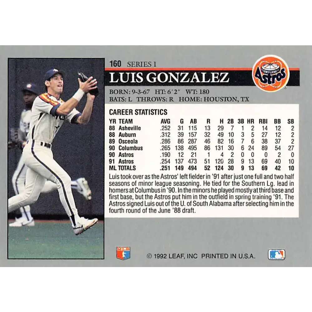 1992 Leaf #160 Luis Gonzalez NM-MT Houston Astros Baseball Card - Baseball Card Single