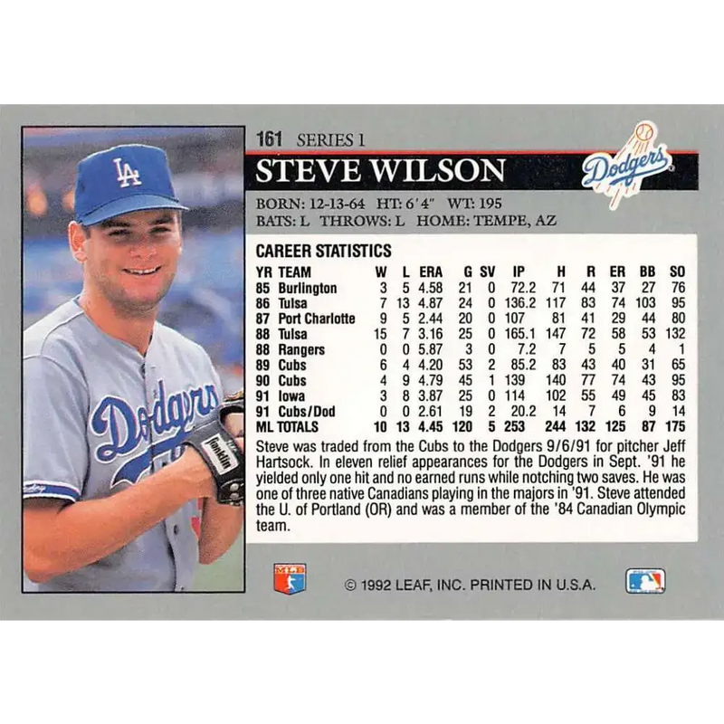 1992 Leaf #161 Steve Wilson NM-MT Los Angeles Dodgers Baseball Card - Baseball Card Single