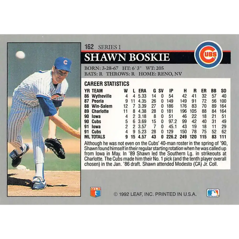 1992 Leaf #162 Shawn Boskie NM-MT Chicago Cubs Baseball Card - Baseball Card Single