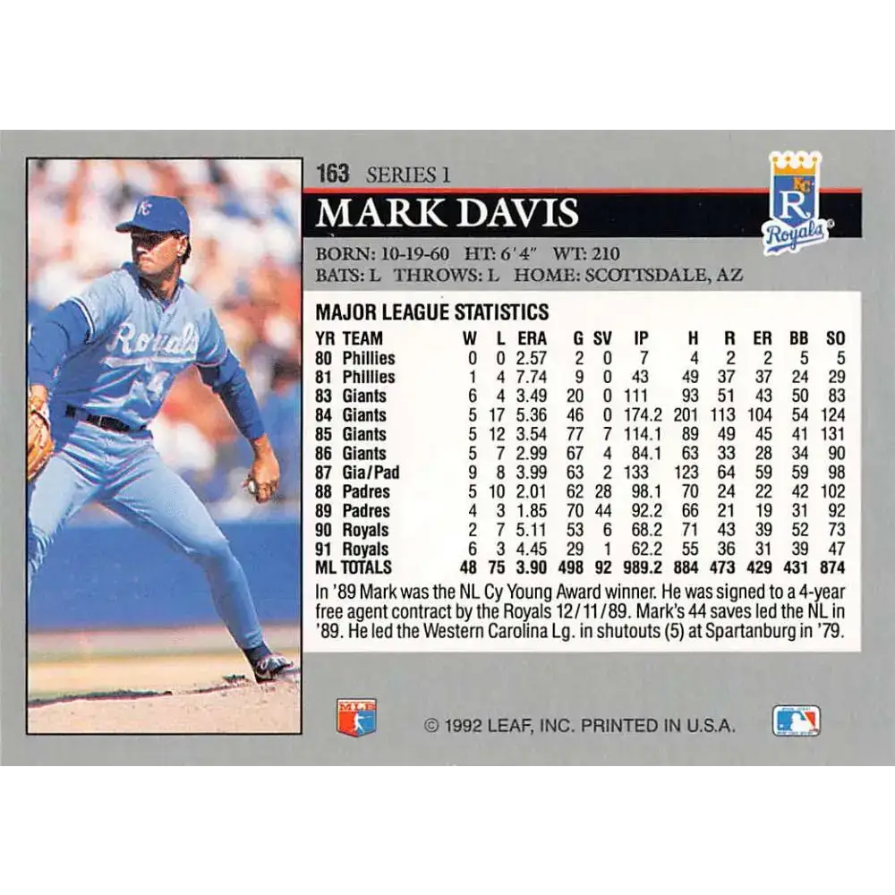 1992 Leaf #163 Mark Davis NM-MT Kansas City Royals Baseball Card - Baseball Card Single