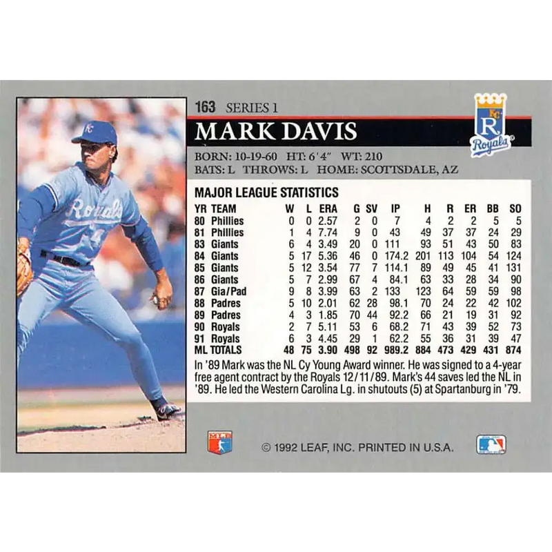 1992 Leaf #163 Mark Davis NM-MT Kansas City Royals Baseball Card - Baseball Card Single