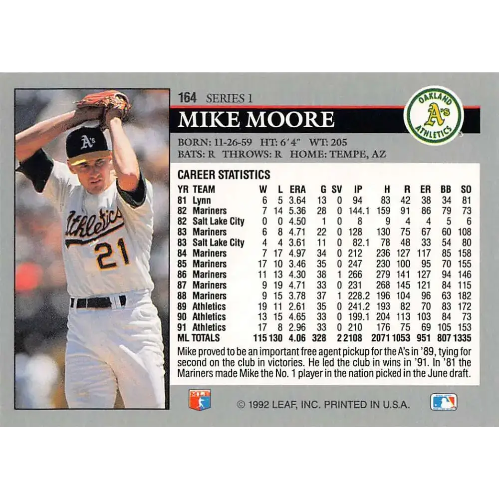 1992 Leaf #164 Mike Moore NM-MT Oakland Athletics Baseball Card - Baseball Card Single