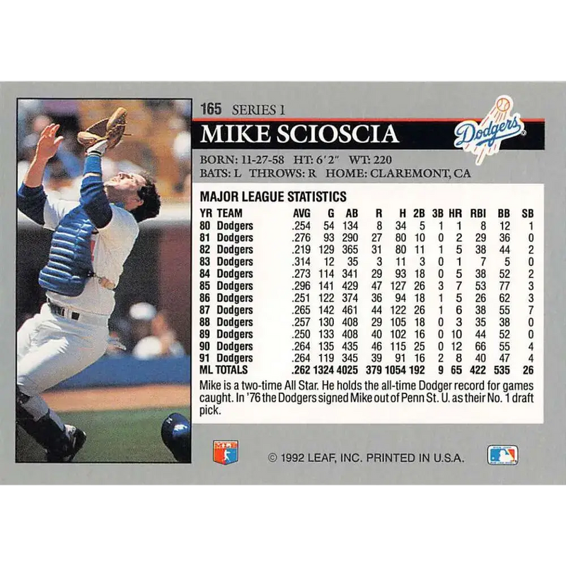 1992 Leaf #165 Mike Scioscia NM-MT Los Angeles Dodgers Baseball Card - Baseball Card Single