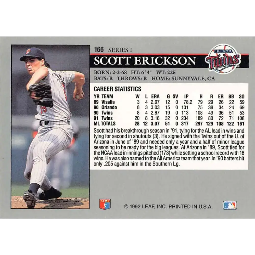 1992 Leaf #166 Scott Erickson NM-MT Minnesota Twins Baseball Card - Baseball Card Single