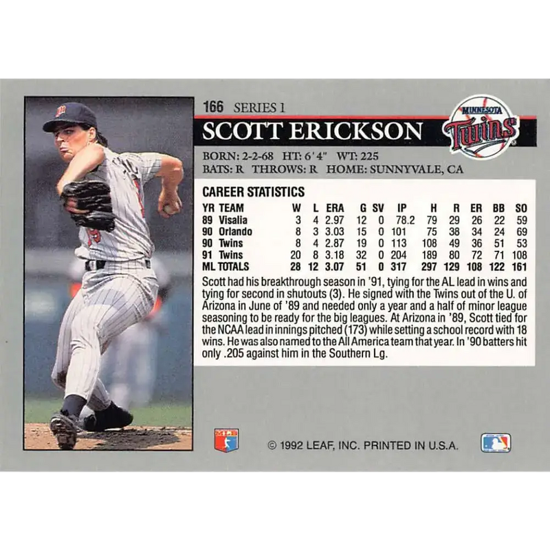 1992 Leaf #166 Scott Erickson NM-MT Minnesota Twins Baseball Card - Baseball Card Single