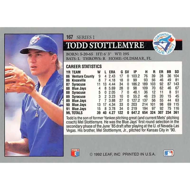 1992 Leaf #167 Todd Stottlemyre NM-MT Toronto Blue Jays Baseball Card - Baseball Card Single