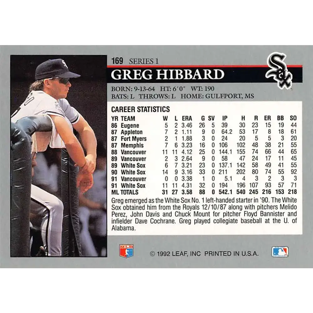 1992 Leaf #169 Greg Hibbard NM-MT Chicago White Sox Baseball Card - Baseball Card Single