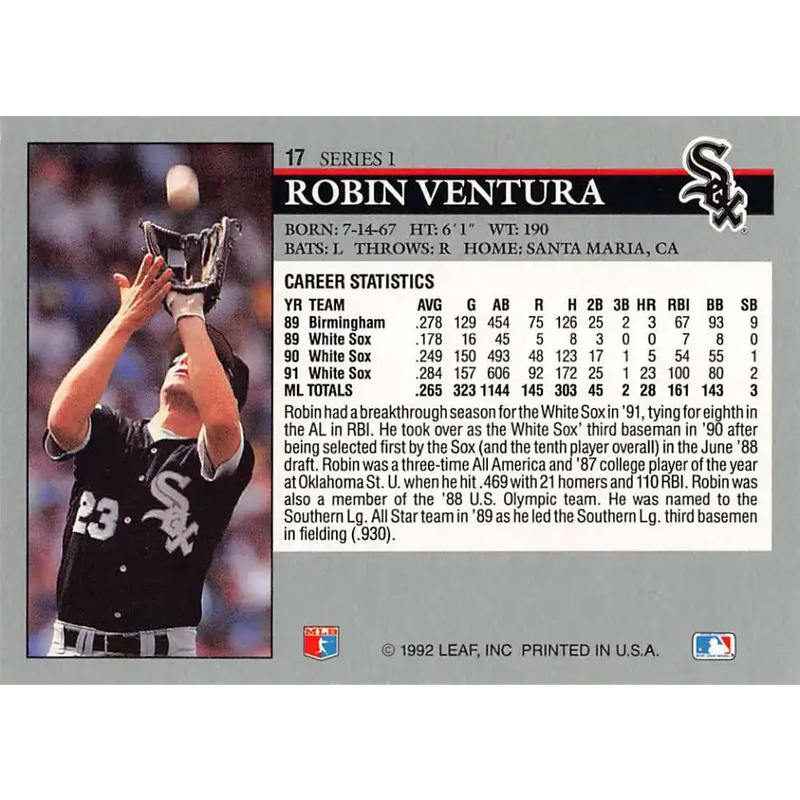 1992 Leaf #17 Robin Ventura NM-MT Chicago White Sox Baseball Card - Baseball Card Single