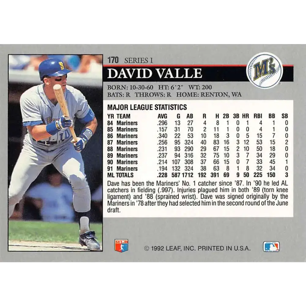 1992 Leaf #170 Dave Valle NM-MT Seattle Mariners Baseball Card - Baseball Card Single