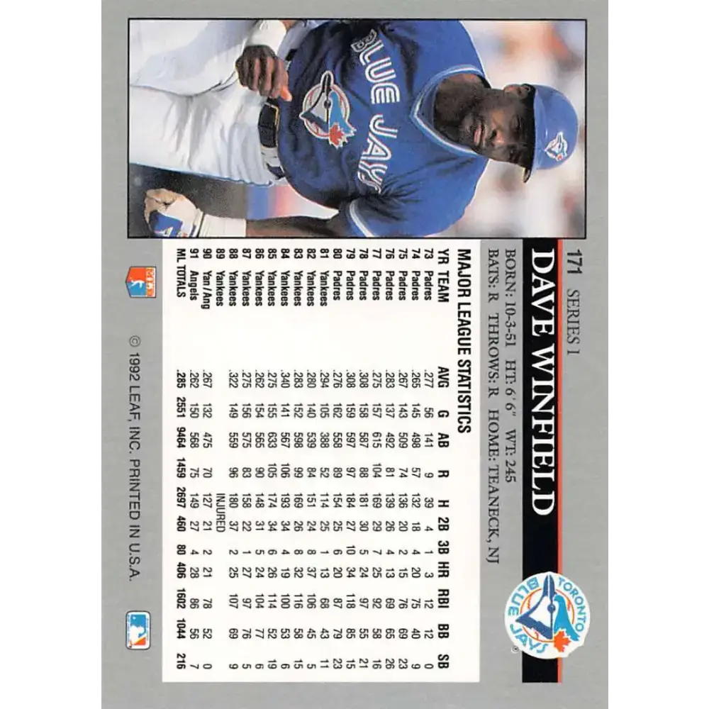 1992 Leaf #171 Dave Winfield NM-MT Toronto Blue Jays Baseball Card - Baseball Card Single