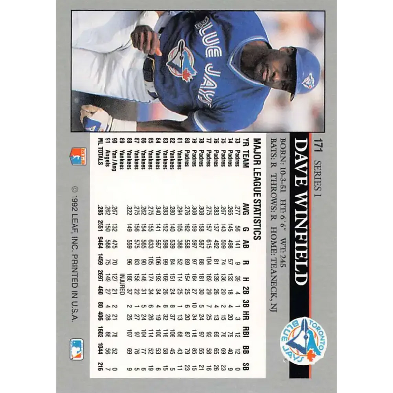 1992 Leaf #171 Dave Winfield NM-MT Toronto Blue Jays Baseball Card - Baseball Card Single