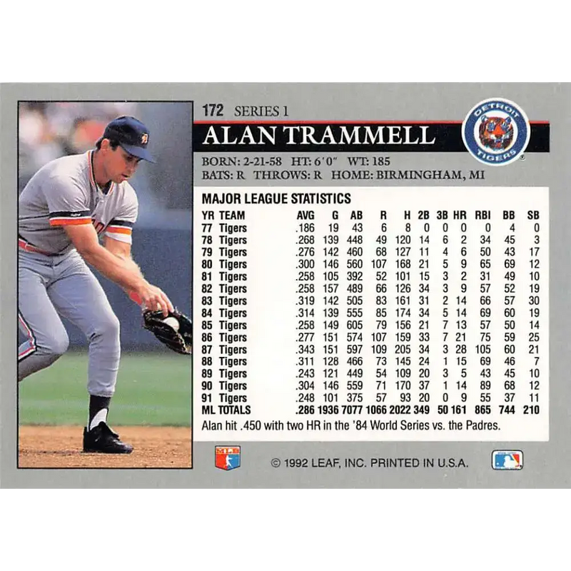 1992 Leaf #172 Alan Trammell NM-MT Detroit Tigers Baseball Card - Baseball Card Single
