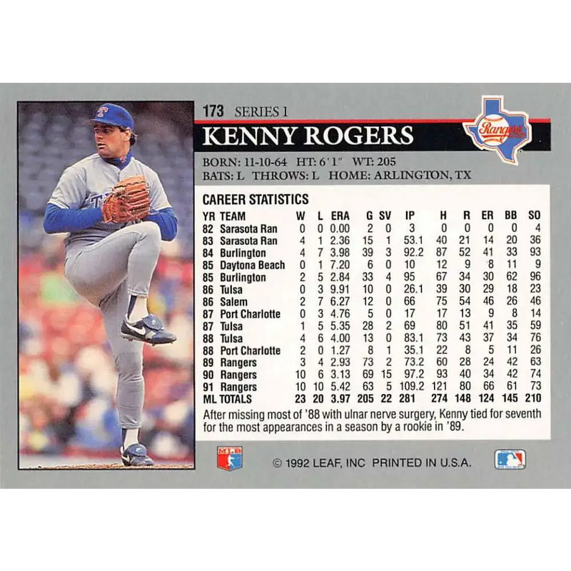 1992 Leaf #173 Kenny Rogers NM-MT Texas Rangers Baseball Card - Baseball Card Single