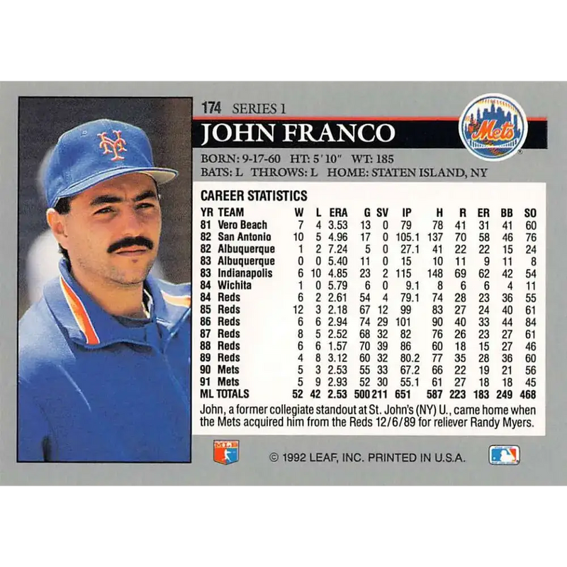 1992 Leaf #174 John Franco NM-MT New York Mets Baseball Card - Baseball Card Single