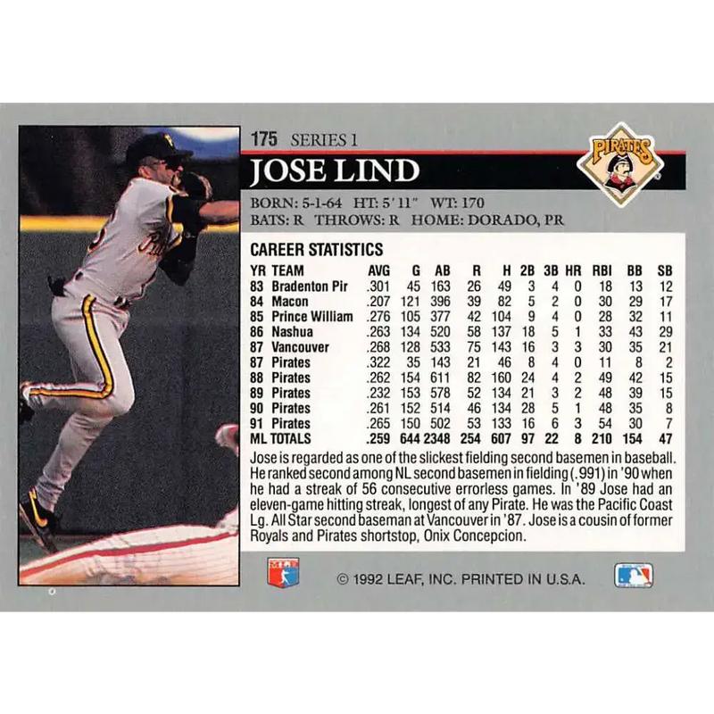 1992 Leaf #175 Jose Lind NM-MT Pittsburgh Pirates Baseball Card - Baseball Card Single