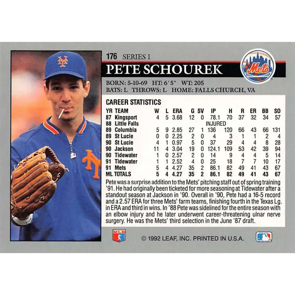 1992 Leaf #176 Pete Schourek NM-MT New York Mets Baseball Card - Baseball Card Single