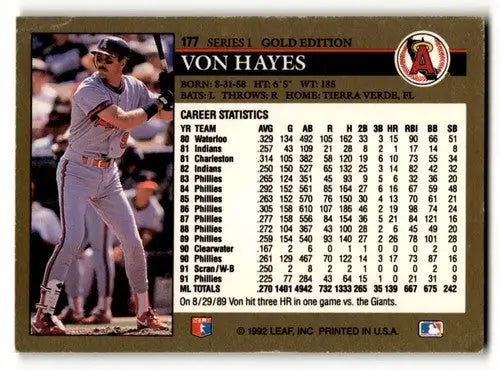 1992 Leaf #177 Von Hayes California Angels baseball card, NM EX condition