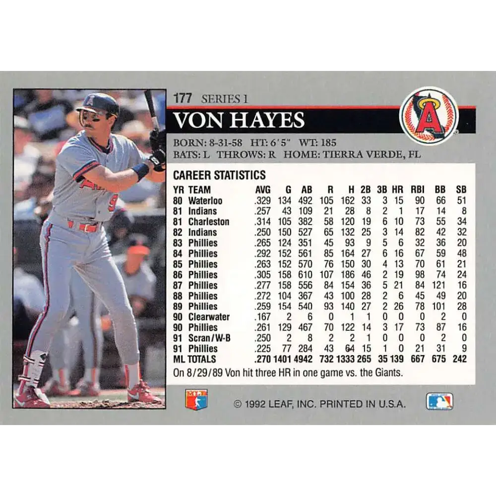 1992 Leaf #177 Von Hayes NM-MT California Angels Baseball Card - Baseball Card Single