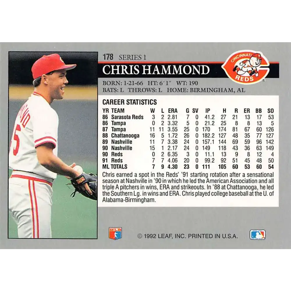 1992 Leaf #178 Chris Hammond NM-MT Cincinnati Reds Baseball Card - Baseball Card Single
