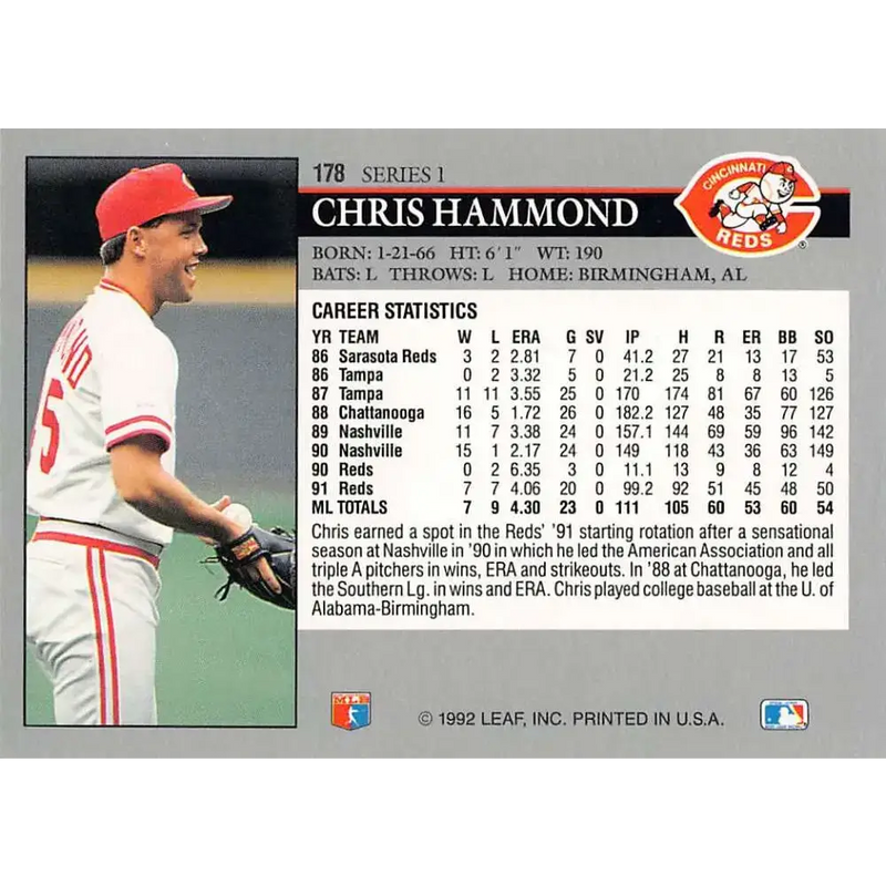 1992 Leaf #178 Chris Hammond NM-MT Cincinnati Reds Baseball Card - Baseball Card Single