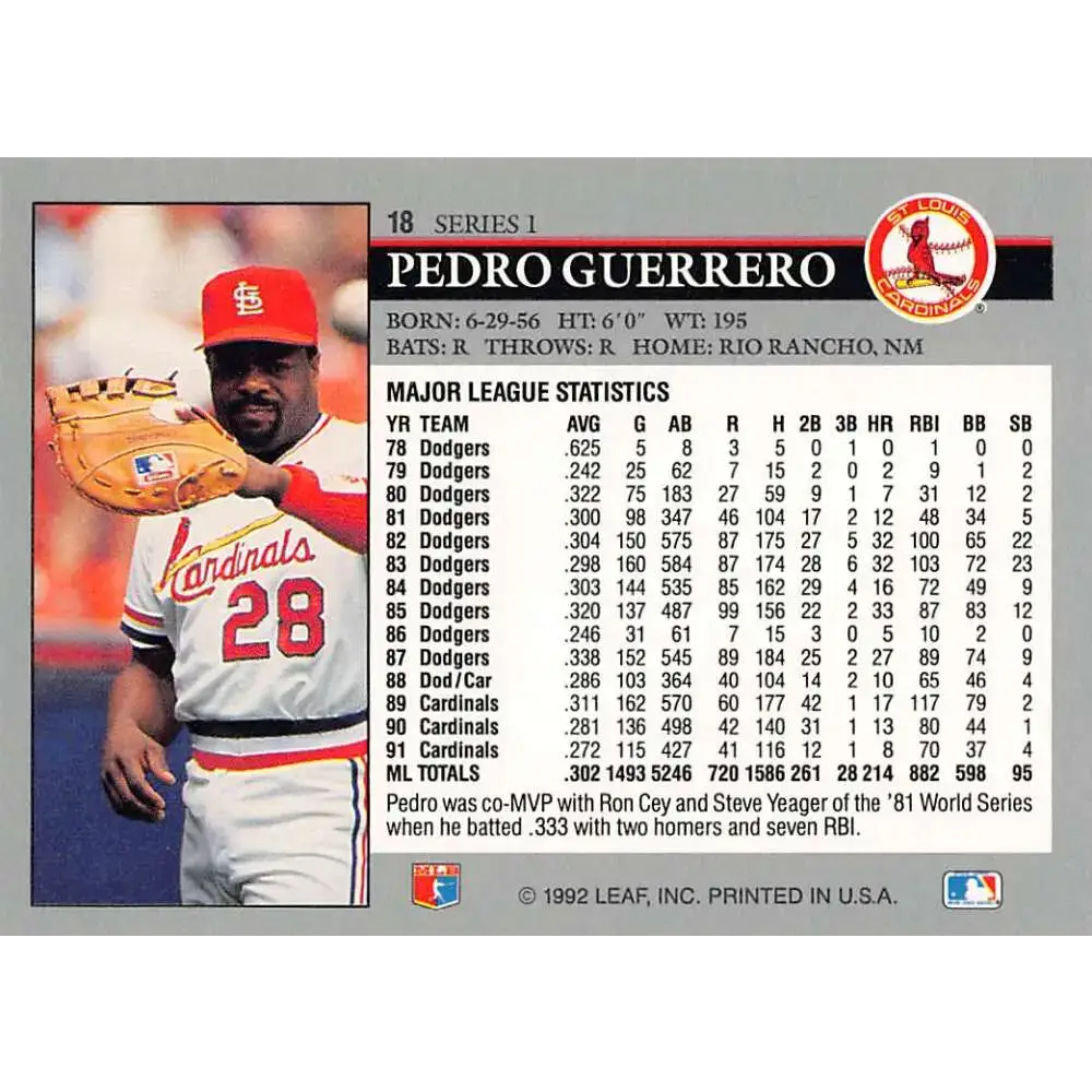 1992 Leaf #18 Pedro Guerrero NM-MT St. Louis Cardinals Baseball Card - Baseball Card Single